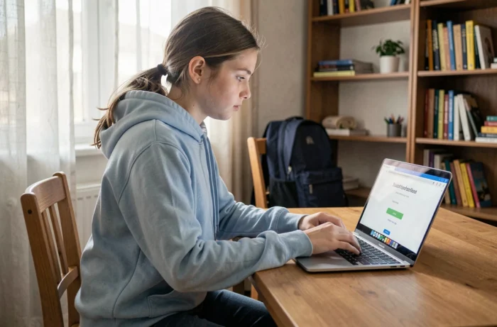 Adolescente connectée à l'espace élèves en ligne sur un ordinateur portable dans sa chambre