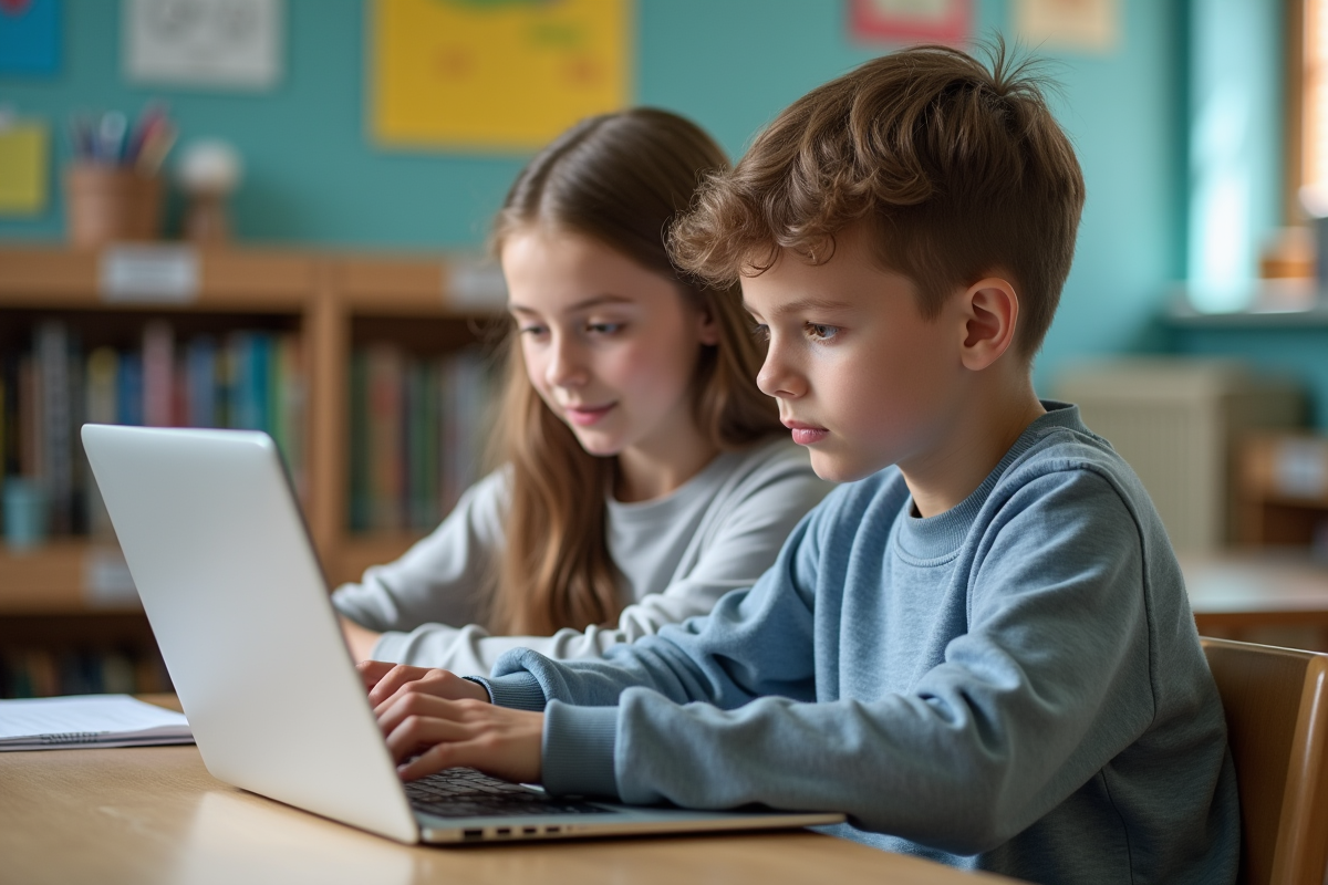 Adolescents collaborant sur un ordinateur dans une classe moderne