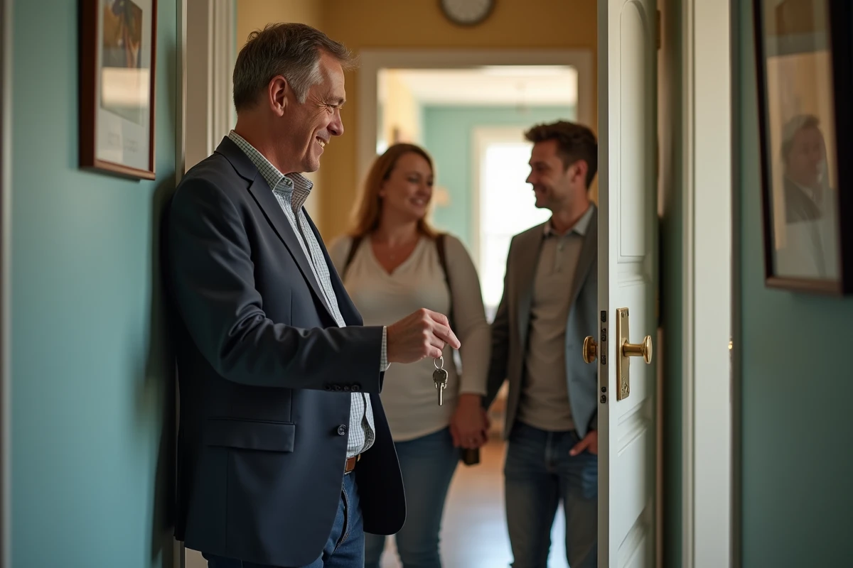 Agent remettant des clés à un couple dans un couloir d appartement