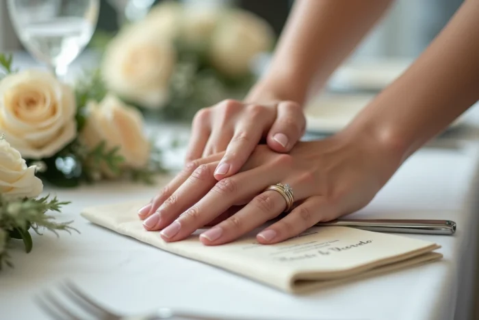 Gros plan de deux alliances et d'un bouquet de roses blanches sur une nappe de lin lors d'un mariage élégant