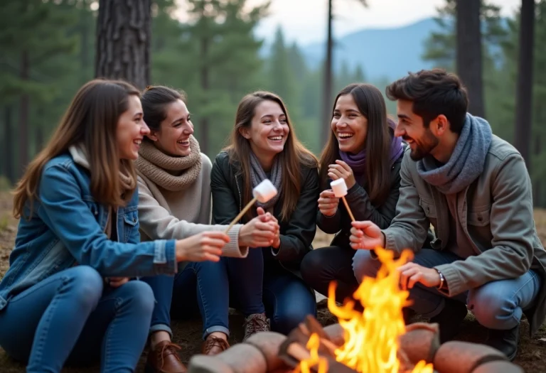 Groupe d'amis autour d'un feu de camp en forêt
