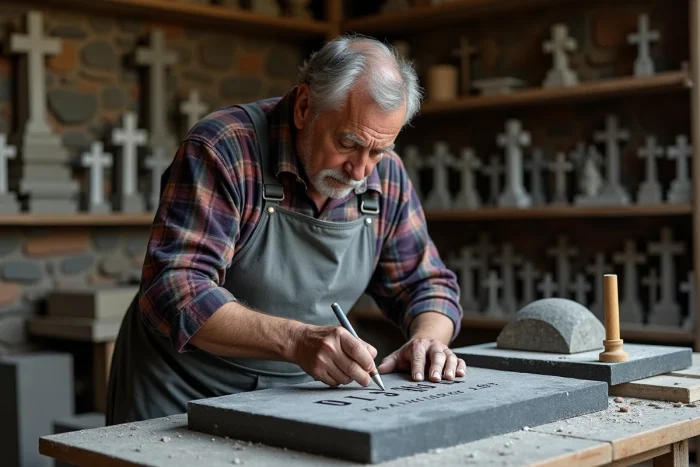 Artisan marbrier gravant une inscription sur une croix en granit noir dans un atelier funéraire