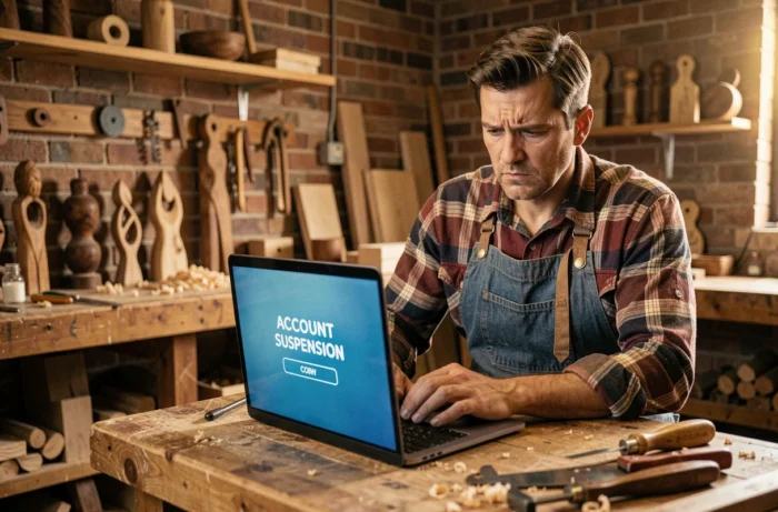 Artisan menuisier frustré face à une notification de suspension de compte sur son ordinateur portable dans son atelier