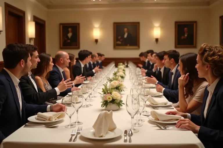 Groupe d'adultes lors d'une réception élégante autour d'une grande table