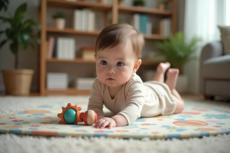 Bébé fille de six mois joue avec un hochet coloré