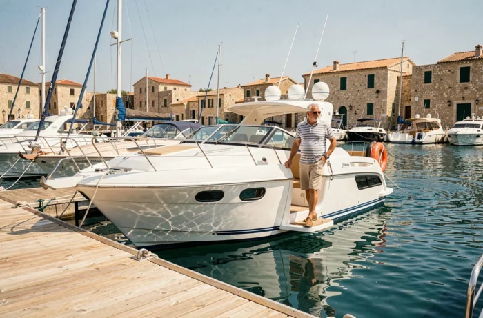 Beneteau Flyer 8 amarré dans un port méditerranéen avec un homme embarquant à bord au ponton