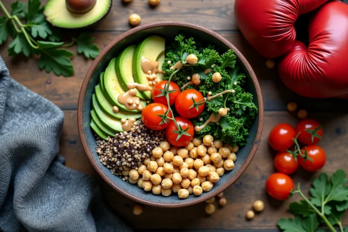 Bol végétalien équilibré avec quinoa, avocat et légumes colorés posé à côté de gants de boxe sur une table en bois