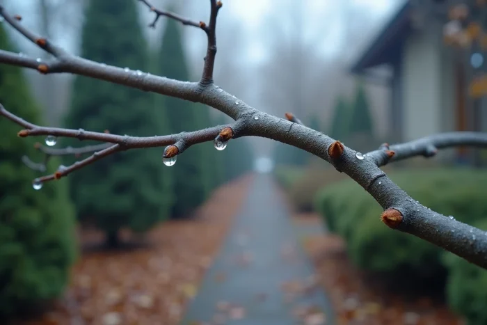 Branche d'érable du Japon sans feuilles en hiver avec bourgeons dormants et gouttes de rosée