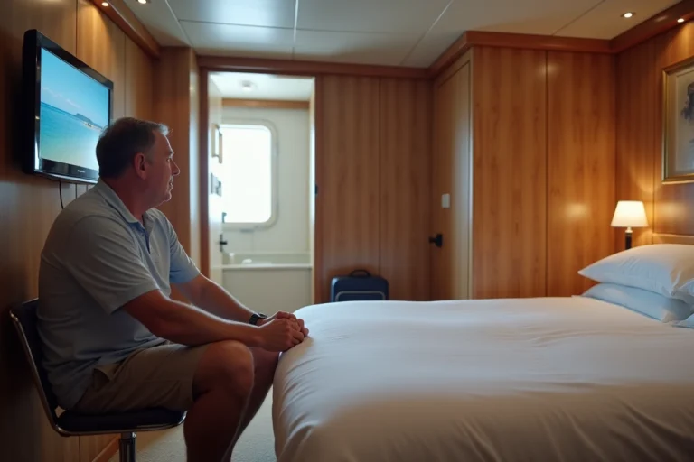 Homme d'âge moyen regardant la télévision dans une cabine de croisière