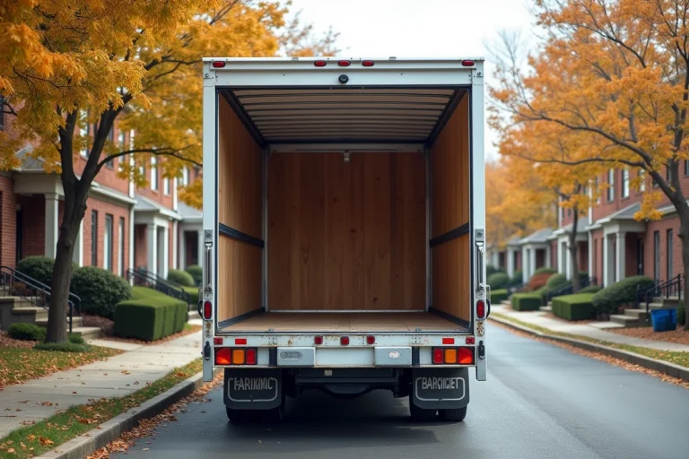 Camion de déménagement 10 m3 vu de l'arrière avec portes ouvertes révélant l'espace de chargement dans une rue résidentielle