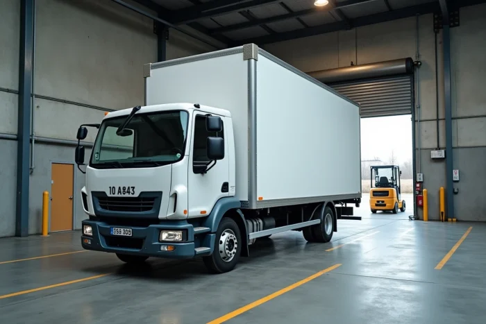 Camion 10 m3 garé devant un quai de chargement industriel montrant ses dimensions et proportions complètes