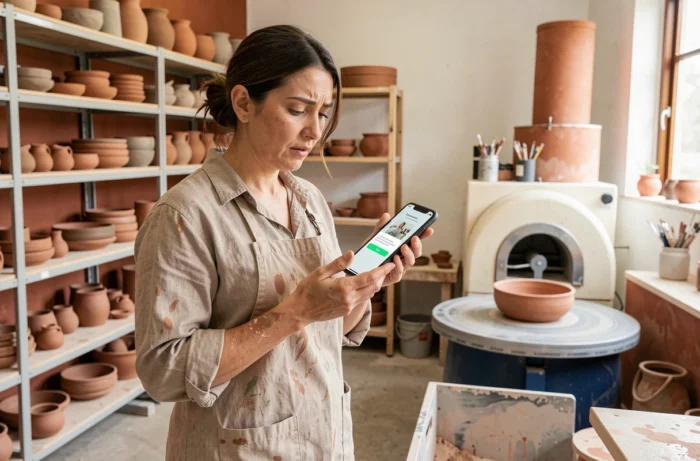 Céramiste inquiète consultant son smartphone après la suspension de son compte artisan en ligne dans son atelier de poterie