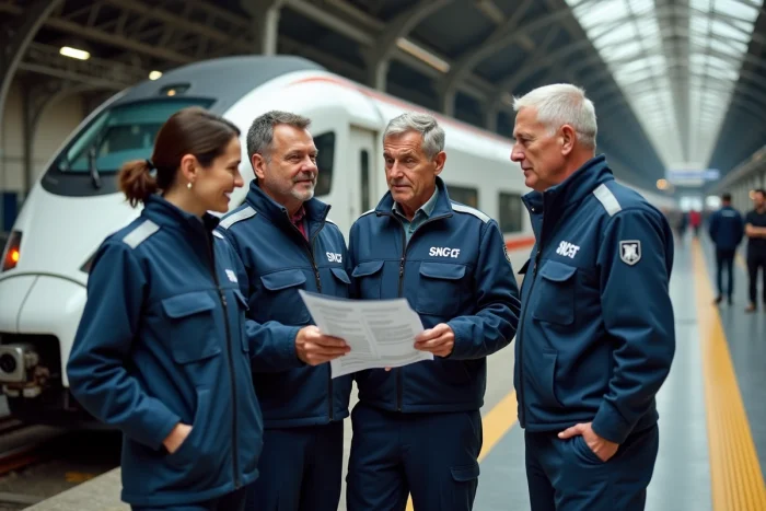 Employés SNCF en uniforme discutant sur un quai de gare à côté d'un TGV