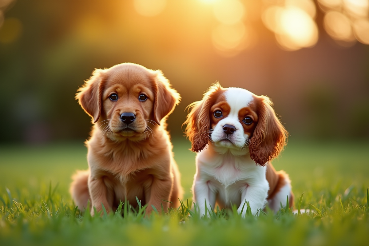 Chiots labrador et cavalier dans un jardin ensoleille