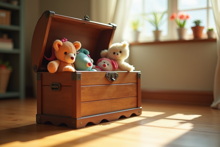 Coffre à jouets vintage ouvert avec peluches et poupées colorées