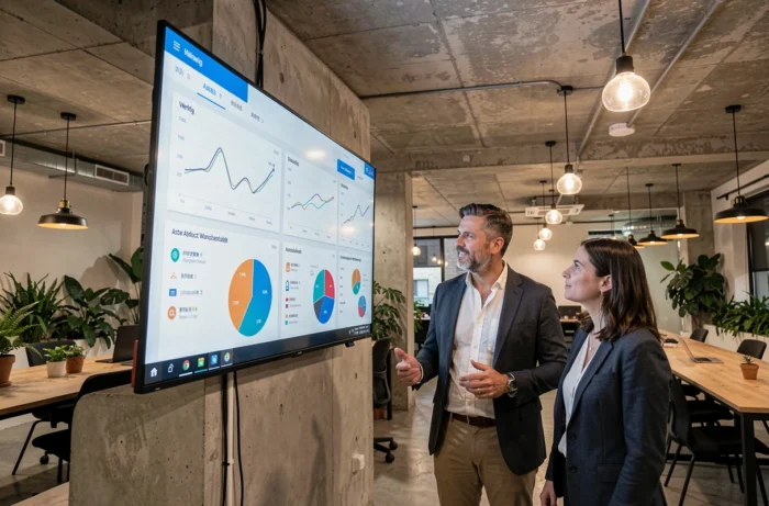 Deux professionnels analysant ensemble des outils digitaux de gestion de patrimoine et d'investissement dans un espace de coworking