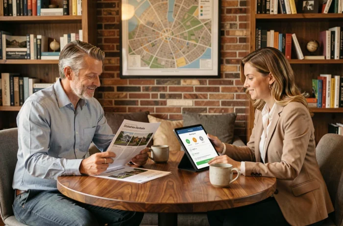 Deux professionnels comparant des outils d'estimation immobilière en ligne et des rapports d'agence lors d'une consultation