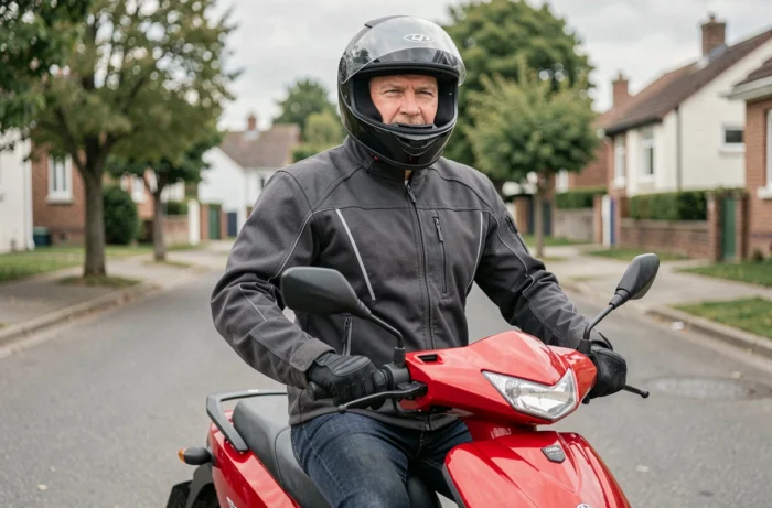 Homme adulte en équipement de moto homologué sur un scooter 125 cm3 dans une rue résidentielle, illustrant la conduite avec un permis B