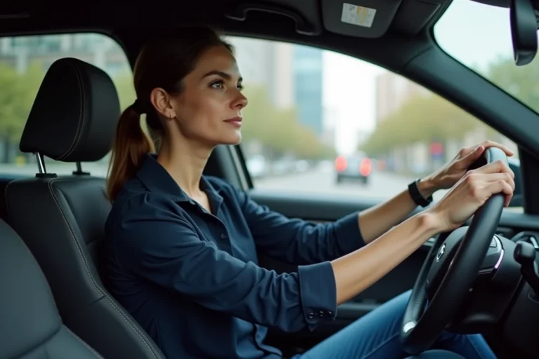 Femme adulte au volant d'une voiture en ville