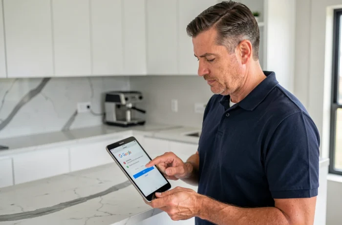 Homme liant un appareil Android à un compte Google Play Store dans une cuisine moderne