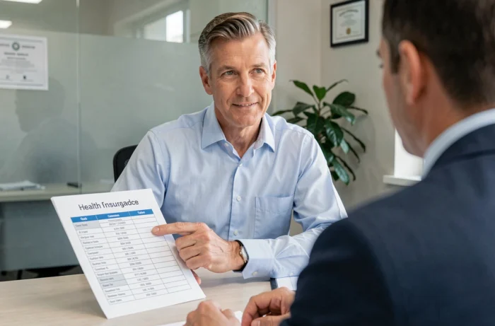 Conseiller en assurance expliquant les options de mutuelle santé à un client dans un bureau professionnel