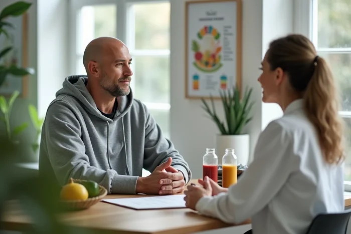 Homme sportif en consultation nutritionnelle végétalienne avec une nutritionniste dans une clinique de bien-être moderne