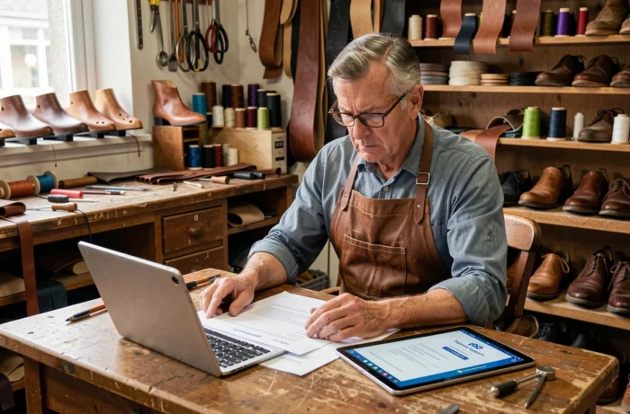 Cordonnier artisan âgé consultant des documents et une tablette pour contester la suspension de son compte sur une plateforme d'artisans
