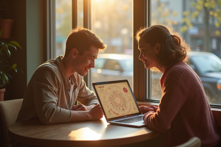Jeune couple au café regardant une carte astrale sur un ordinateur