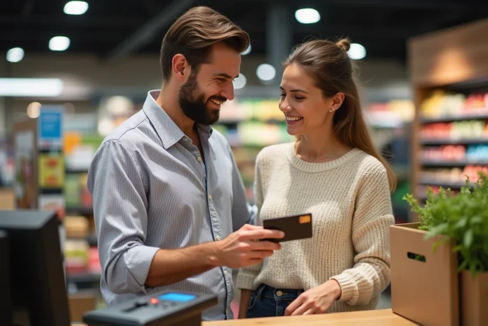 Couple utilisant la carte MCD dual sociétaire pour payer en supermarché