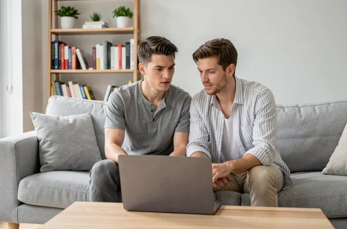 Jeune couple discutant du choix d'une mutuelle santé adaptée à leur budget sur un ordinateur portable