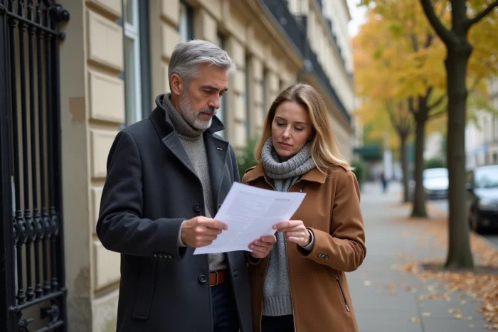 Couple examinant un document d'échange immobilier devant un immeuble résidentiel français