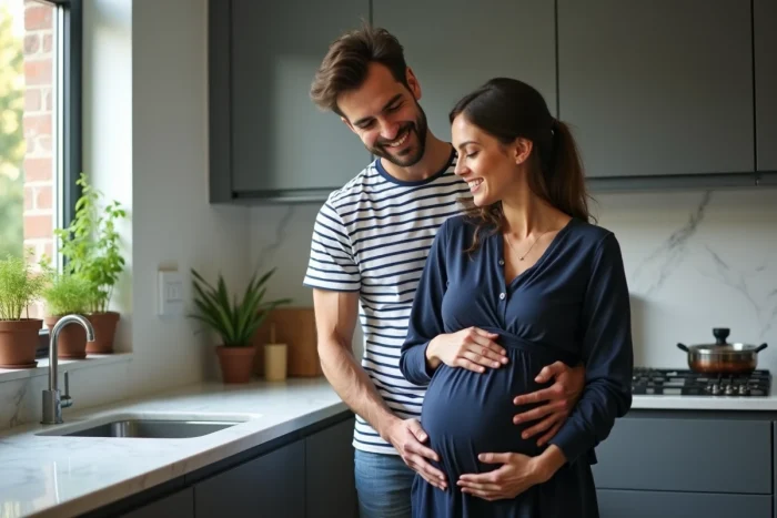 Couple attendant un bébé dans une cuisine moderne, l'homme posant les mains sur le ventre arrondi de sa compagne enceinte