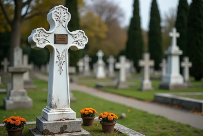 Croix funéraire en marbre blanc gravée sur une tombe dans un cimetière français entouré de chrysanthèmes