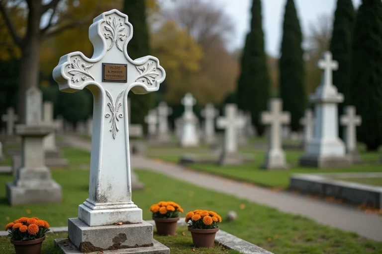 Croix funéraire en marbre blanc gravée sur une tombe dans un cimetière français entouré de chrysanthèmes