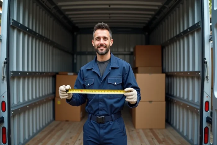 Déménageur mesurant l'intérieur d'un camion 10 m3 avec un mètre ruban pour évaluer la capacité de chargement
