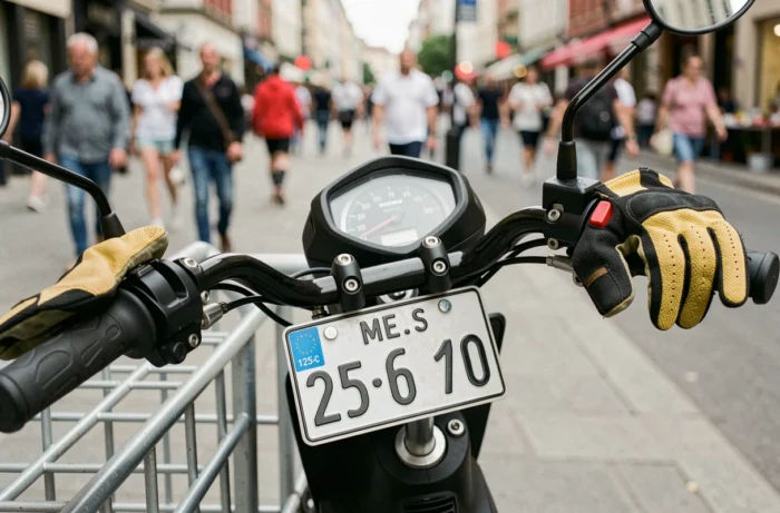Détail d'un scooter 125 cm3 garé en ville avec plaque d'immatriculation visible, symbolisant les règles légales de conduite avec un permis B
