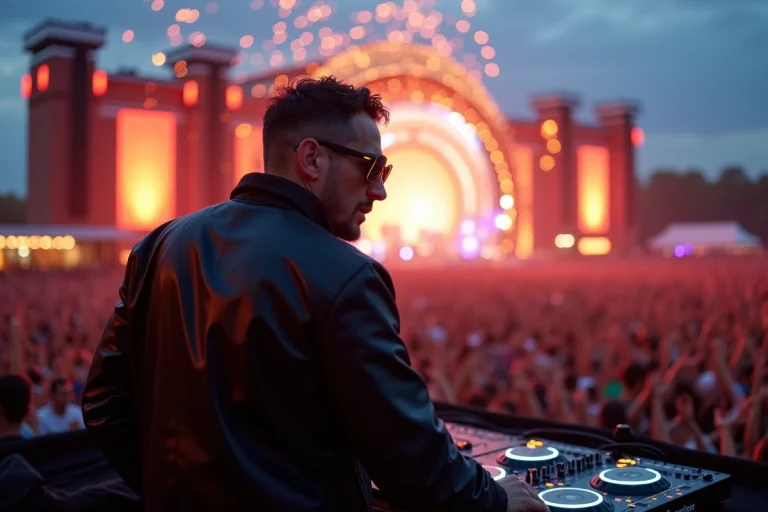 DJ professionnel en performance sur une grande scène de festival devant une foule massive, illustrant le cachet et la prestation d'un artiste de renommée mondiale comme David Guetta