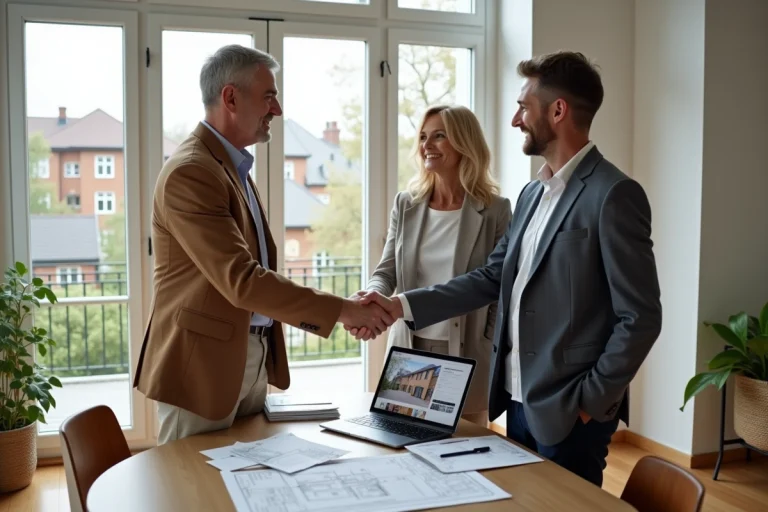 Deux couples qui se serrent la main lors d'un échange immobilier entre particuliers dans un appartement moderne