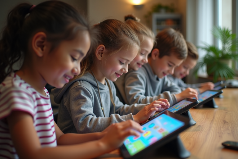 Enfants d ecole primaire jouant avec des tablettes éducatives