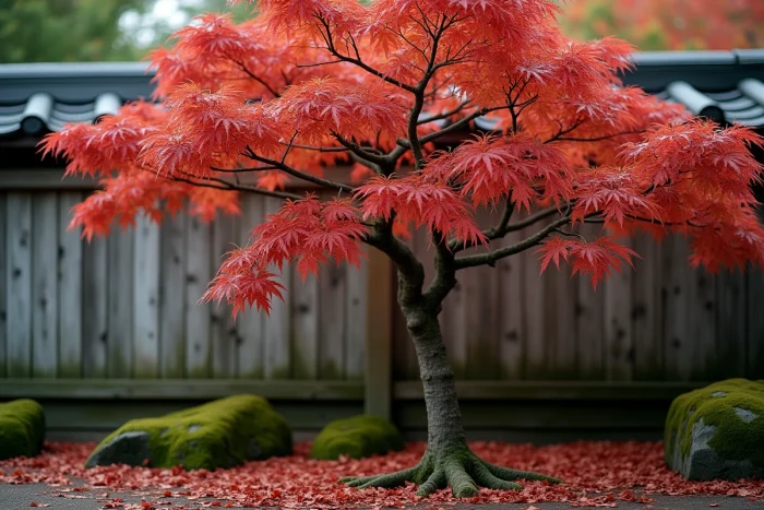 Érable du Japon aux feuilles rouges tombantes en automne dans un jardin japonais