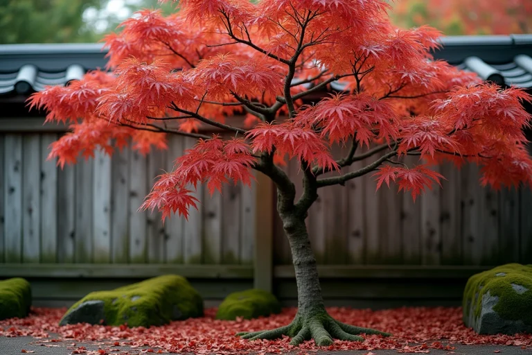 Érable du Japon aux feuilles rouges tombantes en automne dans un jardin japonais