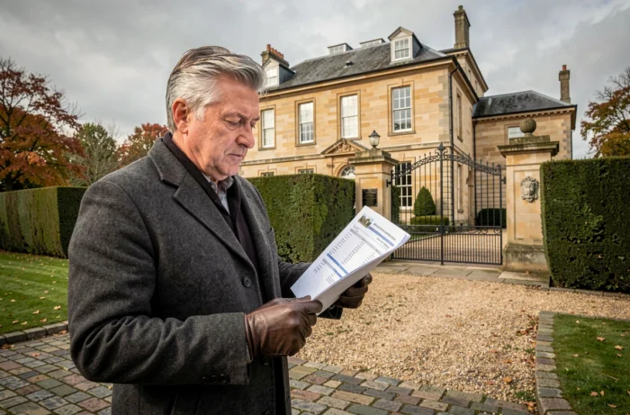 Propriétaire évaluant un bien immobilier de prestige devant un manoir en pierre avec grilles en fer forgé