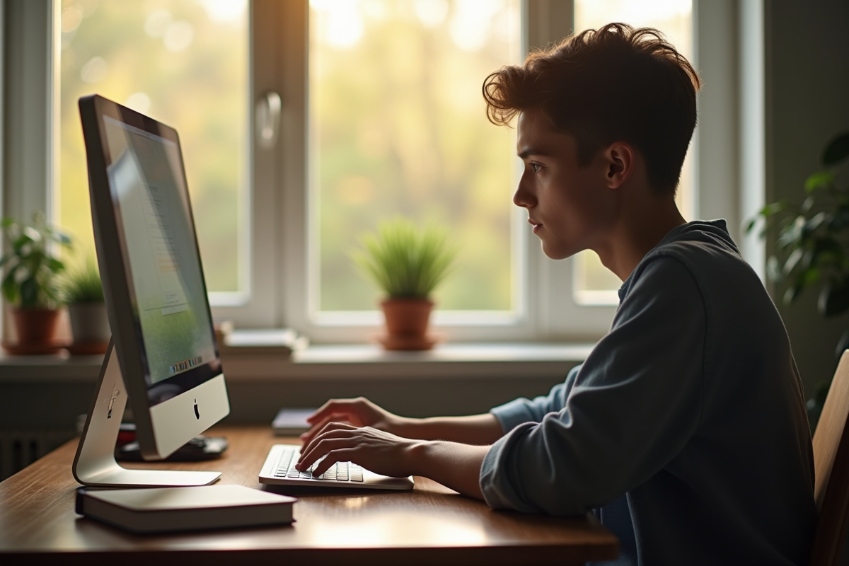 Étudiant seul à la maison passant un examen en ligne