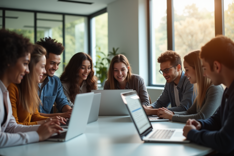 Groupe d'étudiants divers travaillant ensemble sur des ordinateurs