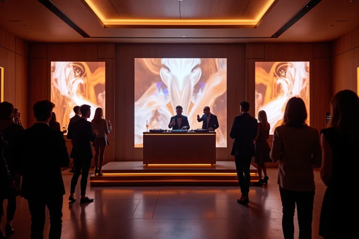 Vue grand angle d'un événement privé haut de gamme avec DJ booth central dans une salle luxueuse, illustrant le coût d'une prestation exclusive d'un artiste international comme David Guetta
