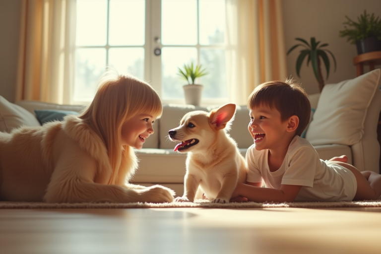 Famille heureuse jouant avec des chiens dans un salon lumineux