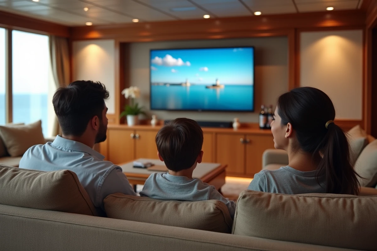 Famille regardant un documentaire dans un salon de croisière
