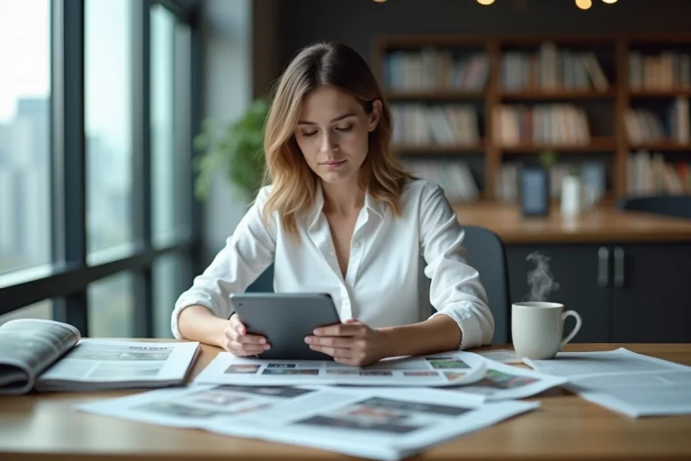 Femme consultant les dernières actualités sur une tablette dans un bureau moderne avec des journaux ouverts sur le bureau