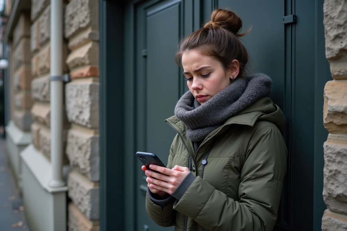 Jeune femme inquiète devant une porte blindée dans la rue