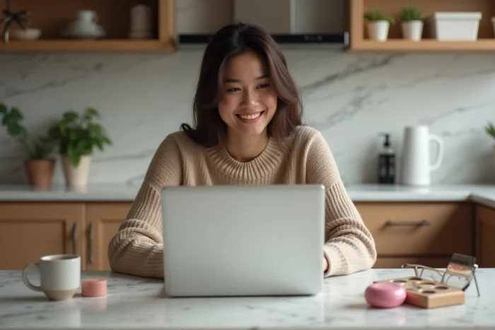 Jeune femme en cuisine compare produits de beauté sur son ordinateur